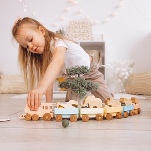 Freight Train With Dinosaurs Wooden Toys For Toddlers Dino Birthday Gift For Kids Sensory Toys Baprtism Gifts Montessori Preschool Toys image 6