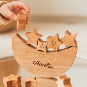Personalized Gifts For Kids, Balance Moon Toy With Stars, Birthday Girl, Toddler Wooden Toys, Montessori Balancing Game, Engraved Name Sign image 1