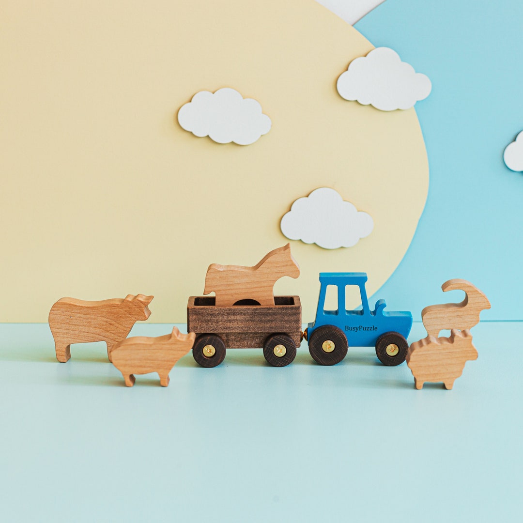Personalized Tractor With Toy Farm. Sensory Toys for Toddlers. Wooden ...