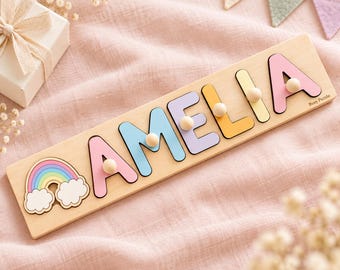 Pastel Rainbow Name Puzzle with Peg Letters, Personalized First Birthday Gift