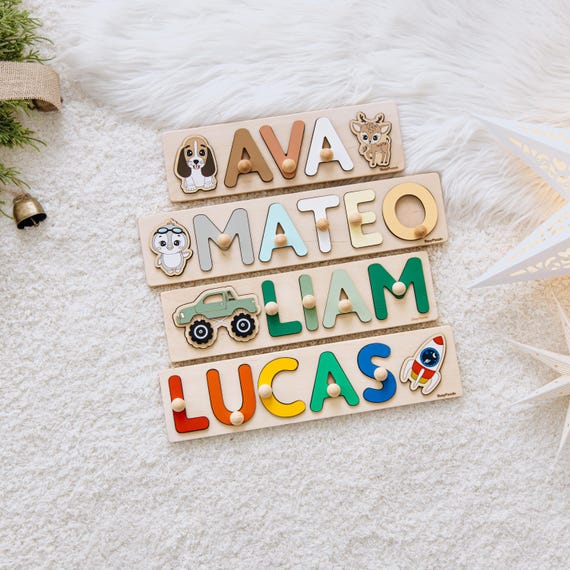 Name Puzzles by Busy Puzzle. Dog, Truck, Rocket. Baptism Gift For Toddlers. 1st Birthday & First Easter. Personalized Puzzles For Kids.
