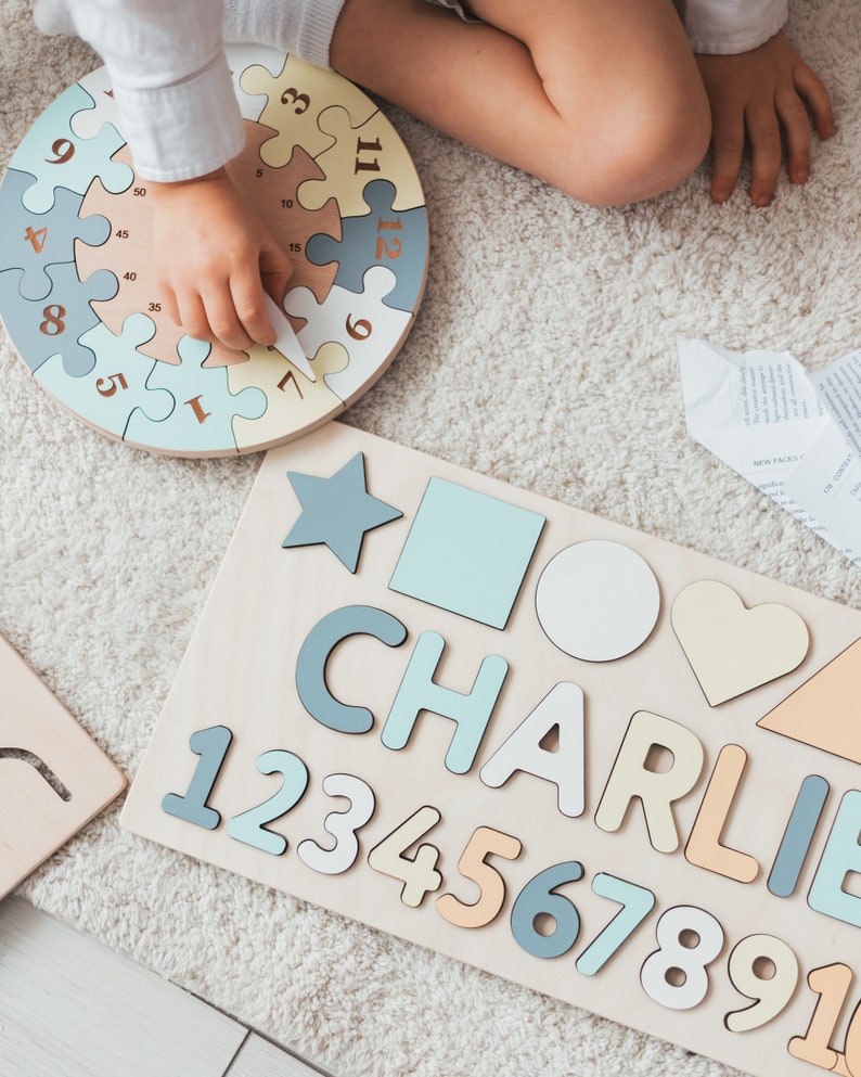 Wooden Name Puzzle With Shapes and Numbers Puzzle With Pegs Etsy