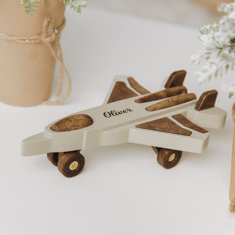 Wooden Toy Fighter With Name. Military Planes And Vehicles. Personalized Toy Cars. 1st Birthday Boy. Montessori Toys. Baby Christmas Gift. image 1