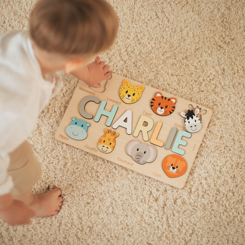 Personalized Name Puzzle with Animals Baby, Toddler, Kids Toys Wooden Toys Baby Shower Christmas Gifts First Birthday Girl and Boy image 2