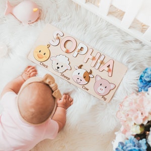 Baby Girl Name Puzzle, Personalized Puzzle With Farm Animals, 3 Years Old, Easter Gifts For Kids, Wooden Toddler Toys, Montessori Board