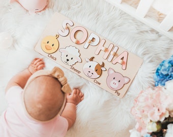 Baby Girl Name Puzzle, Personalized Puzzle With Farm Animals, 3 Years Old, Easter Gifts For Kids, Wooden Toddler Toys, Montessori Board