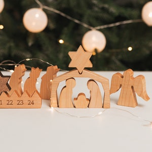 Calendario de Adviento reutilizable. Belén de madera. Cuenta atrás para Navidad. Decoración navideña. Belén. Regalo de Navidad. Actividad de Adviento.