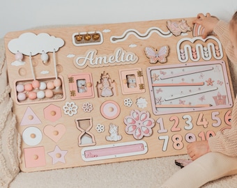 Custom Handmade Name Busy Board for Girls Activity Board Personalized Gift Unique New Baby Gift Montessori Busy Board Kids Room Decor
