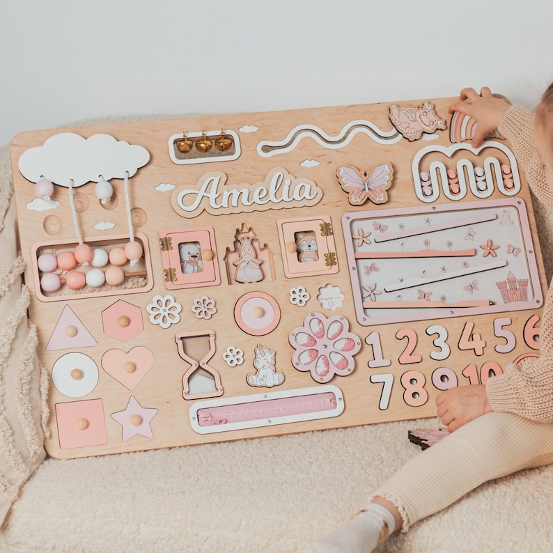 Custom Handmade Name Busy Board for Girls Activity Board Personalized Gift Unique New Baby Gift Montessori Busy Board Kids Room Decor image 1