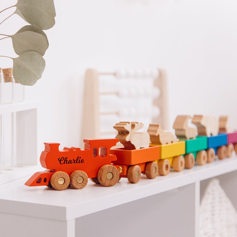 Rainbow Train With Name. Additional Set of Animals. Wooden Toys For Kids. Personalized Baby Boy Gift. Fidget Toddler Toy. 1st Birthday Gift. image 1