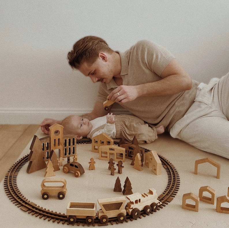 Solid wood toys Wooden village Pretend play houses Birthday boy gift Christmas gifts for kids Wooden train with railway at extra charge image 1