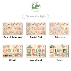 May include: Six rectangular wooden name puzzles featuring various themes including Pastel Rainbow, Pastel Girl, Princess, Khaki, Woodland, and Dino. Each puzzle displays a personalized name in colorful wooden letters alongside themed shapes.
