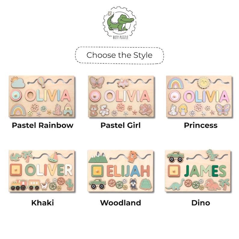 May include: Six rectangular wooden name puzzles featuring various themes including Pastel Rainbow, Pastel Girl, Princess, Khaki, Woodland, and Dino. Each puzzle displays a personalized name in colorful wooden letters alongside themed shapes.