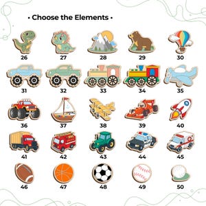 May include: Wooden puzzle pieces featuring various shapes and objects. Includes a dinosaur, truck, train, airplane, and sports equipment. The text "Choose the Elements" is at the top. Each piece is numbered.
