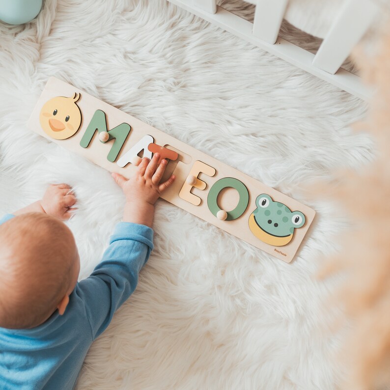 Safari Nursery Decor Name Puzzle Baby Boy and Girl Montessori Toy 1 2 3 Years Old Personalized Gift For Kids 1st Birthday Baby Shower Gifts image 2