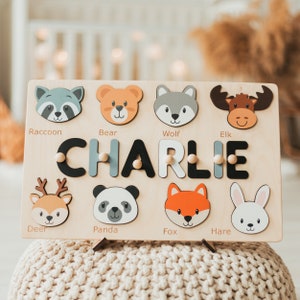 Animals Wooden Puzzle Letters Name Puzzle Nursery Decoration Custom Baby Girl and Boy Birthday Gift Montessori Toys for Kids Kids Activities image 3