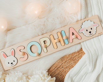 Animals Wooden Puzzle Letters Name Puzzle Nursery Decoration Custom Baby Girl and Boy Birthday Gift Montessori Toys for Kids Kids Activities