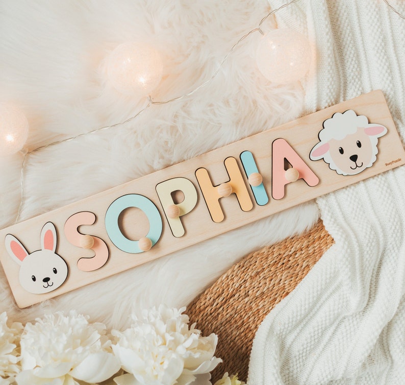 Animals Wooden Puzzle Letters Name Puzzle Nursery Decoration Custom Baby Girl and Boy Birthday Gift Montessori Toys for Kids Kids Activities image 1