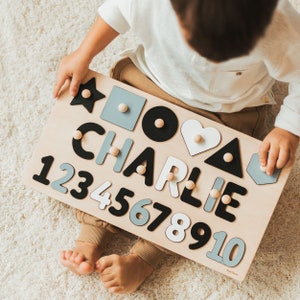 Namenspuzzle aus Holz mit Formen und Zahlen, Lernspielzeug für Kleinkinder, Geburtstags und Weihnachtsgeschenke für Kinder, personalisiertes Kindergeschenk Bild 2