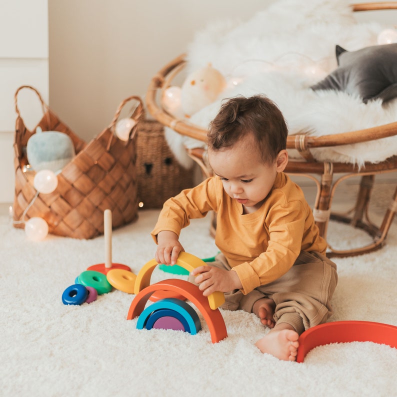 Wooden Pastel Rainbow Stacking Toy Large 7 Pieces Montessori Etsy