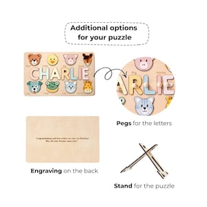 Puede incluir: Rompecabezas de nombre de madera con el nombre "CHARLIE" y piezas con forma de animales. Las opciones adicionales incluyen clavijas para las letras, grabado en la parte posterior y un soporte para el rompecabezas. El rompecabezas presenta un oso, un pollito, un cerdo, un caballo, un perro, una rana, un gato y una jirafa.