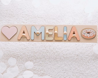 Wooden Name Puzzle New Gifts for Kids Wooden Toys Pastel Room Decor Montessori Puzzle Toddler Baby Girl Gift Customized Puzzle 1st Birthday