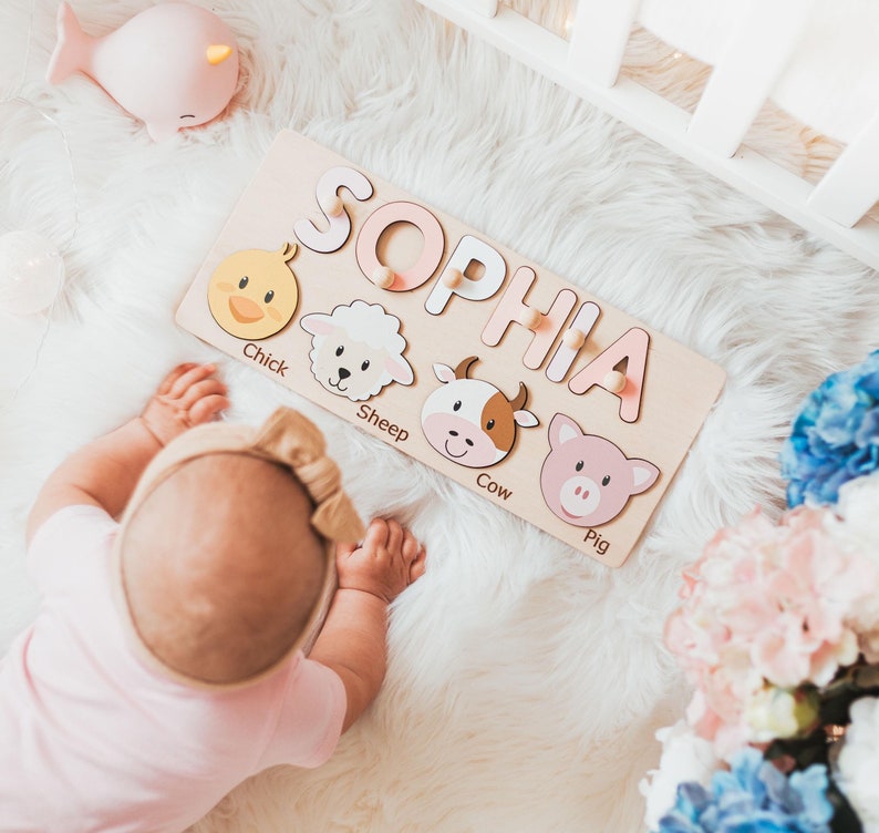 Baby Girl Name Puzzle, Personalized Puzzle With Farm Animals, 3 Years Old, Christmas Gifts For Kids, Wooden Toddler Toys, Montessori Board image 1