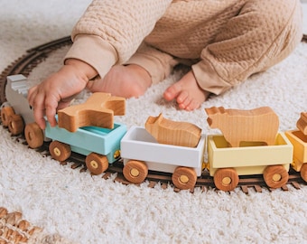 Wooden Train With Set of Animals 1st Birthday Boy and Girl Sensory Toddler Toys Nursery Decor Fidget Toy Eco Friendly Toys Handmade Gift