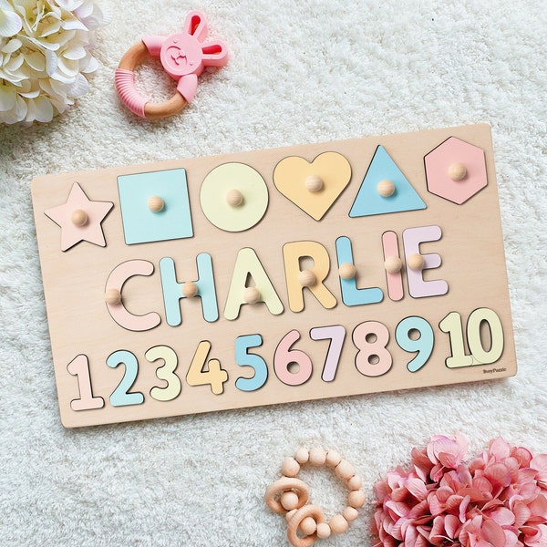 Name Puzzle With Pegs at Extra Charge, Busy Puzzle, Montessori Toys, Wooden Name with Numbers, Baby Shower Gift, Personalized Baby Puzzle