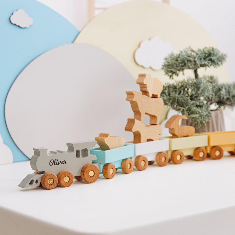 Wooden Toy Train With Set of Animals Personalized Name Gift For Kids 1st Birthday Boy and Girl Gift For Toddlers Sensory Toys Nursery Decor image 2