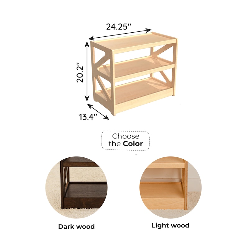 May include: A light-colored wooden three-tier shelf unit with X-shaped side supports. Dimensions are 24.25 inches wide, 20.2 inches high, and 13.4 inches deep. Below, two circular insets show color options labeled Dark wood and Light wood.