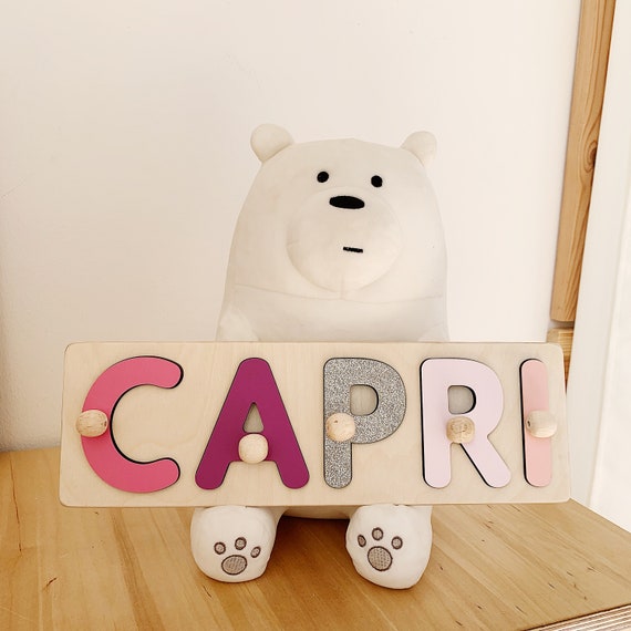 Christmas Present Baptism Gift Montessori Custom Kid Name Puzzle With Pegs Pink and Purple Baby Shower 2nd Birthday Fidget Toy