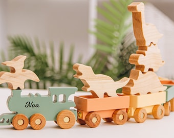 Wooden Train With Name Little Dino Train Set of Animals Personalized Gift For Kids Baby Girl And Boy Gifts Handmade Gift Eco Friendly Toys