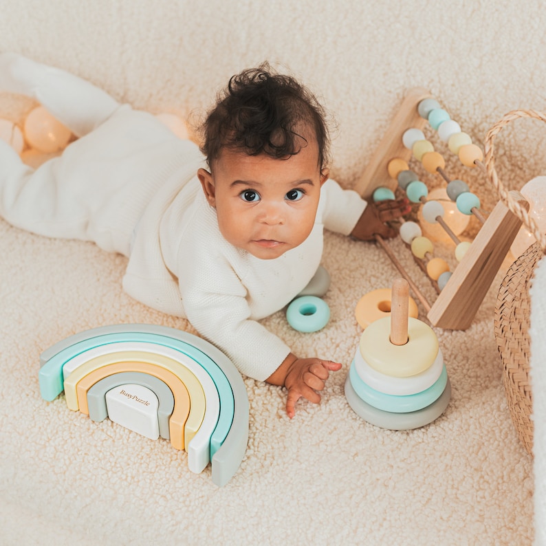 Montessori Toys, Wooden Toy 1 Year Old, Sensory Stacking Rings, Named Pyramid & Rainbow, Easter Gift For Nephew And Niece image 8