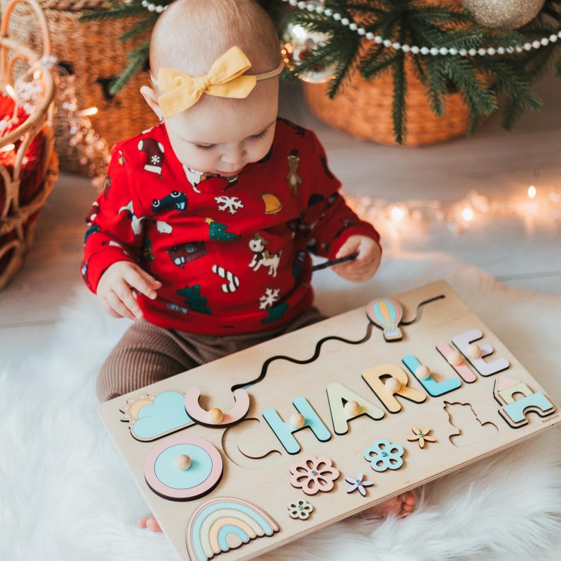 Natural Wood Busy Board Gift for Baby Montessori Busy Board 1 2 3 Year