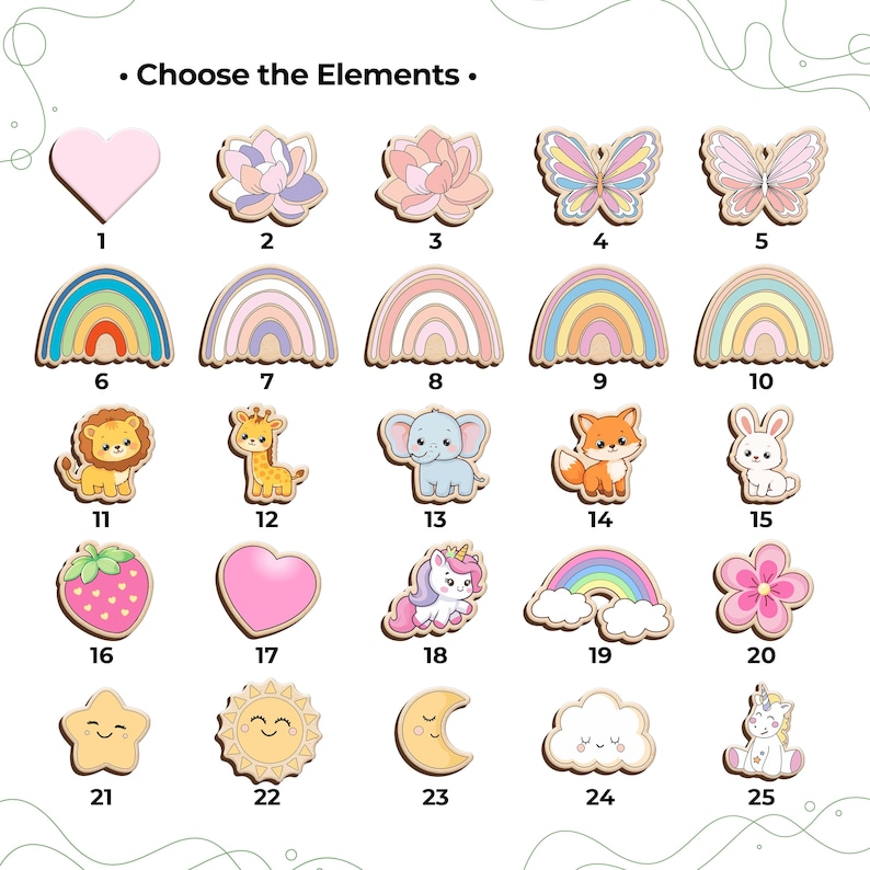 以下が含まれることがあります： Choose the Elementsと記された25個の番号付き木製アイコンのグリッド。ハート、花、蝶、虹、ライオン、キリン、ゾウ、キツネ、ウサギ、ユニコーン、イチゴ、星、太陽、月、雲などのパステルカラーのデザインが並んでいます。