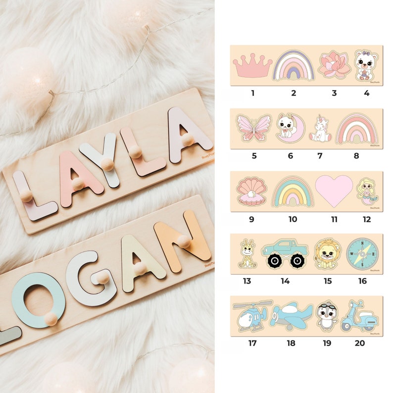 Name puzzle with additional elements, Personalized baby gifts, Wooden toddler toys, 1st Birthday, Baby shower, Christening, First Easter image 1