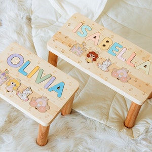 Taburete rompecabezas con nombre personalizado Taburete rompecabezas con escalón Regalo para el primer cumpleaños Recuerdo para bebé Regalo educativo hecho a mano Juguete único para niños pequeños Madera natural
