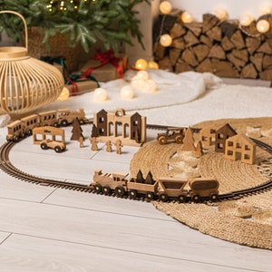 Solid wood toys Wooden village Pretend play houses Birthday boy gift Christmas gifts for kids Wooden train with railway at extra charge image 6