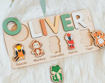 Custom Name Puzzle With Animals Wooden Kids Toys Personalized Kids Name Puzzle Educational Toy First Birthday Boy or Girl Gift Montessori