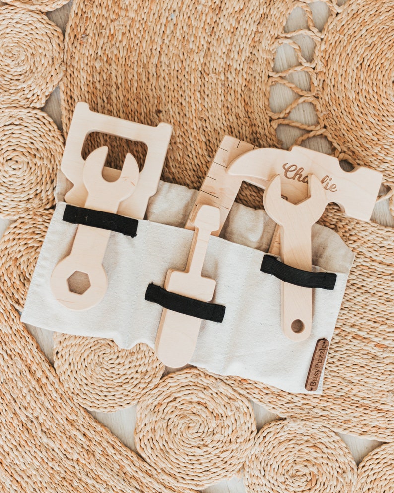 Personalized Wooden Tool Belt Set Toy Tool Kit Repair Kit image 1