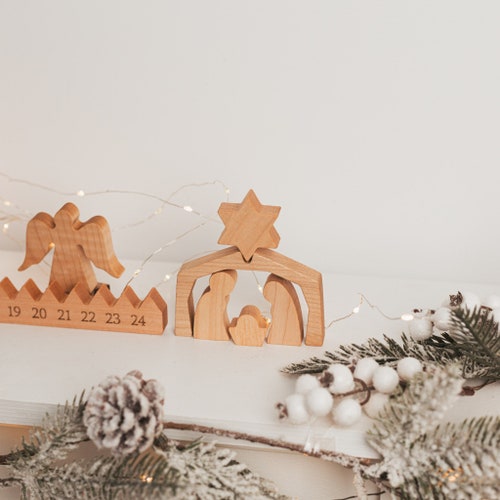 Advent Calendar With Hooks For Kids and Adults. Nativity Scene Set. Wooden Christmas Ornaments. Gift For Kid. Holiday Decor. Advent Activity