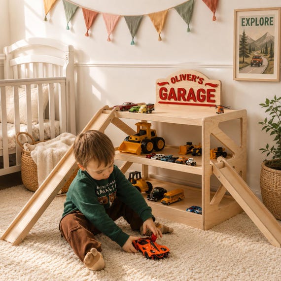 Personalized Wooden Car Garage with Ramps, Toy Storage, 3rd Birthday Gift