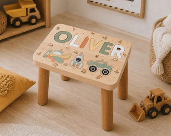 Personalized Name Puzzle Stool for Boy, Wooden Step Stool With Cars, Custom Kids Stool, First Birthday Gift