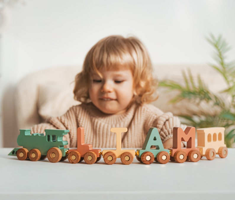 Boho Personalized Train Train Name With Magnets First Birthday Gift Baby Toys Wooden Train With Railway Fidget Toys For Kids Nursery Decor image 1