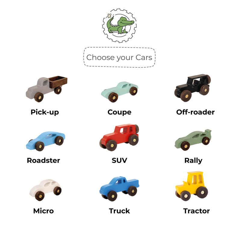 Puede incluir: Una colecci&oacute;n de nueve veh&iacute;culos de juguete de madera con el texto Choose your Cars, que incluye una camioneta gris, un cup&eacute; verde claro, un todoterreno negro, un descapotable azul, un SUV rojo, un coche de rally verde salvia, un microcoche blanco, un cami&oacute;n azul y un tractor amarillo.