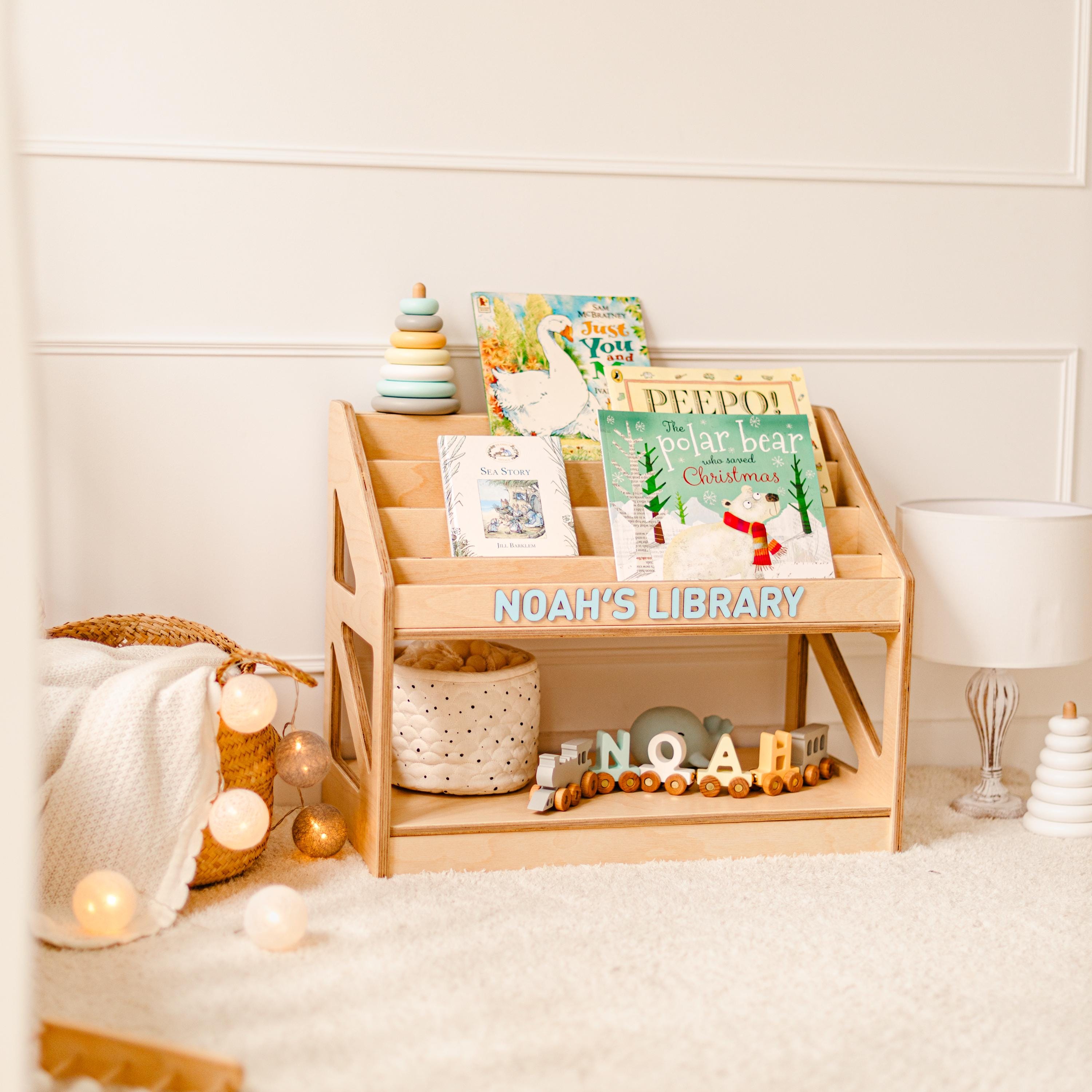 Personalized Bookshelf for Baby Boy, Wooden Toddler Book Display, Custom Kids Name Nursery Shelf, Baby Birthday Gift, Playroom Furniture