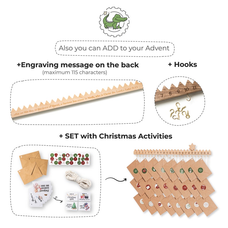 May include: A wooden Advent calendar with 24 brown envelopes hanging from hooks. The envelopes are decorated with red and green Christmas stickers. The calendar also includes a set of Christmas activities, including a string of twine, a set of Christmas-themed stickers, and a set of small cards with Christmas-themed illustrations.