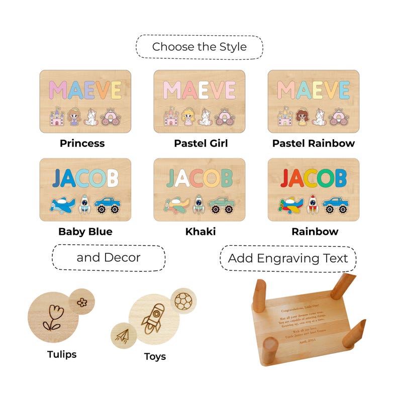 May include: A collection of wooden name puzzles and decor items. The puzzles feature names like MAEVE and JACOB with various icons such as castles, unicorns, planes, and trucks in different color palettes. Also includes engraved wooden stools.