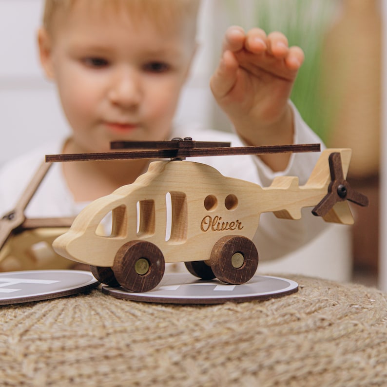 Personalized Toy Helicopter With Helipads. Baby Boy Gift. Wooden Toy Plane. Toddler Toys. Birthday Boy. Keepsake Easter Gifts For Kids. image 1